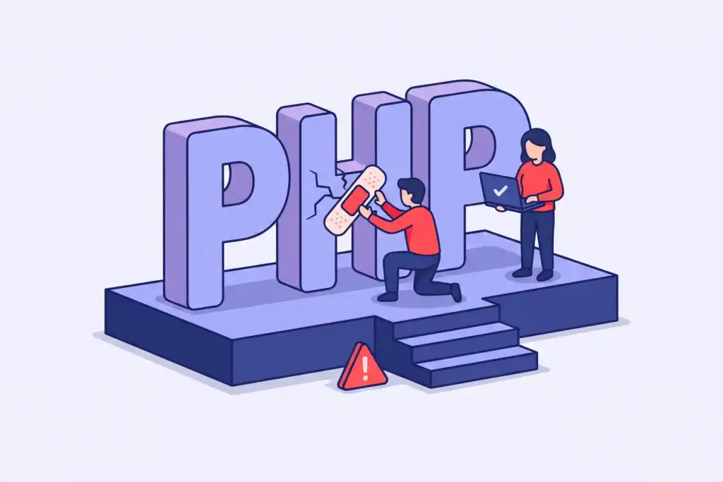 Due persone riparano con un cerotto una crepa nelle grandi lettere PHP, su una piattaforma blu